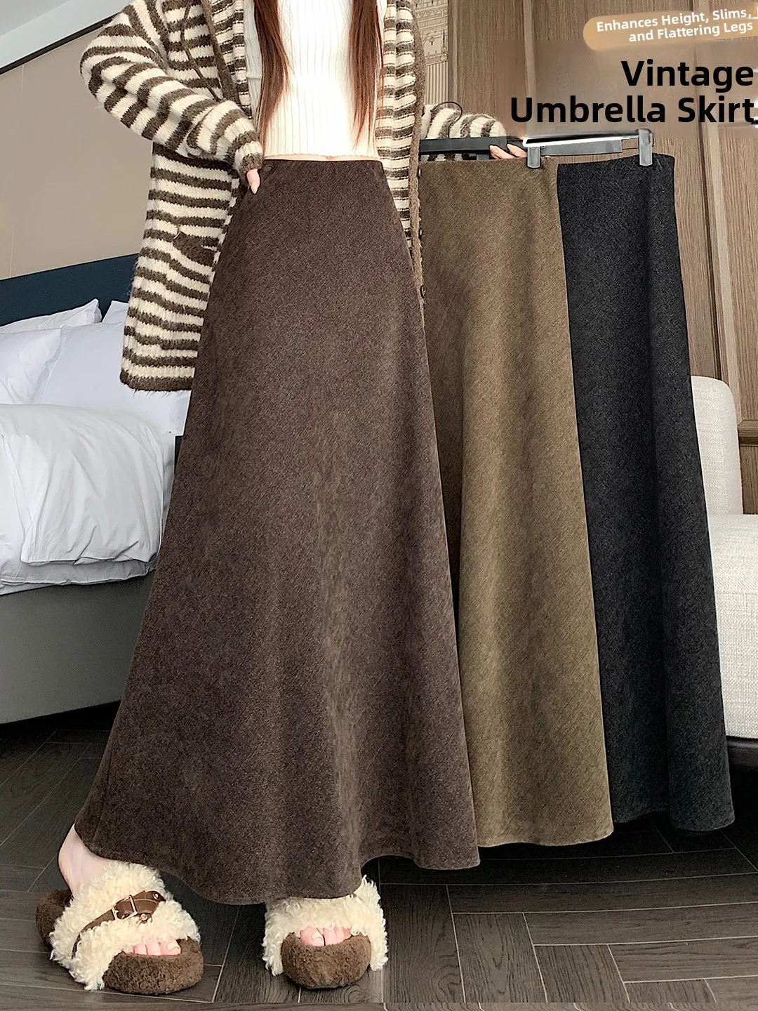 Caramel Fish Tail Skirt High Waist Elastic Casual Women's mid Autumn Winter Slimming Long A-Line Half Body Skirt