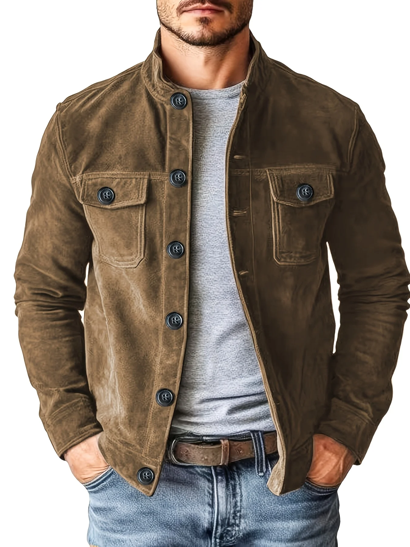 Men's Faux Suede Stand Collar Jacket Vintage Button Front Coat Chest Pockets Casual Workwear Outerwear Spring Autumn Male Clothes For Work or Daily