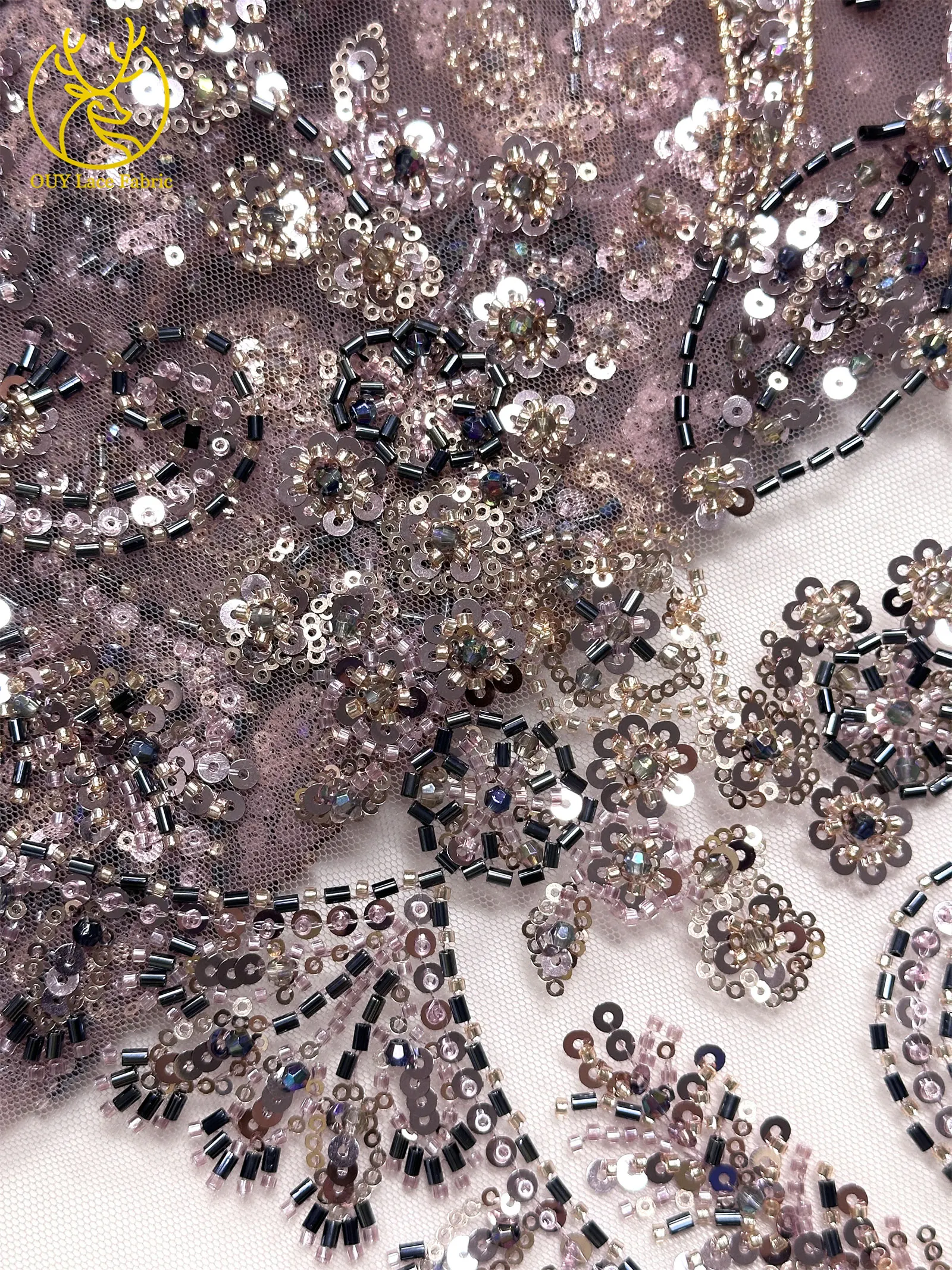 Pfirsichfarbener, hochwertiger, eleganter afrikanischer Brautkleidstoff mit Stickerei und Perlen, 2026 Nigerianische Pailletten-Spitze für Abendkleider und Hochzeitskleider zum Nähen – Detail 15