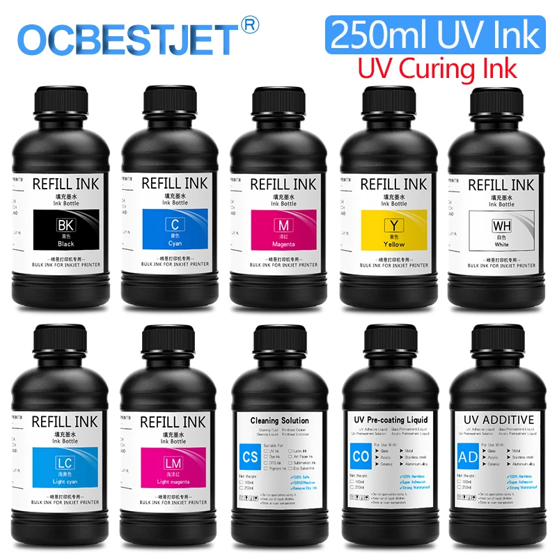 250ml UV Curing Ink For Epson XP600 TX800 XP-600 TX-800 L800 L805 L1800 R290 R300 1390 1400 1410 1430 DX5 DX7 DX10 UV Printer