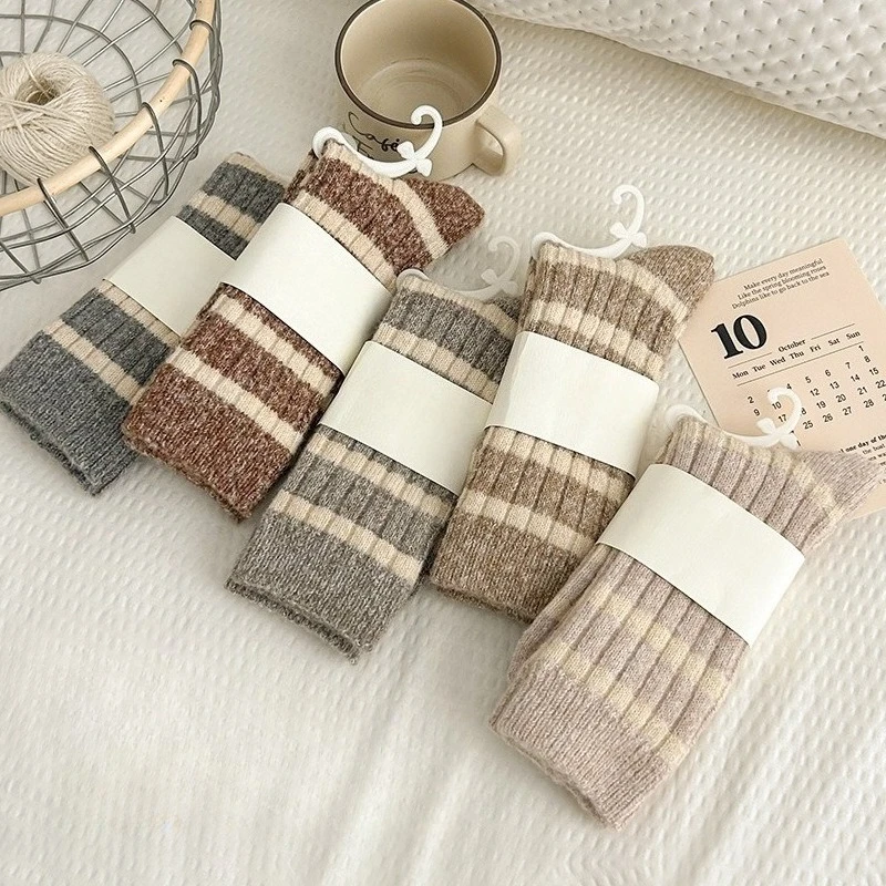 

5 pairs of striped wool socks for women in autumn winter thickened warm non slip casual comfortable cashmere socks