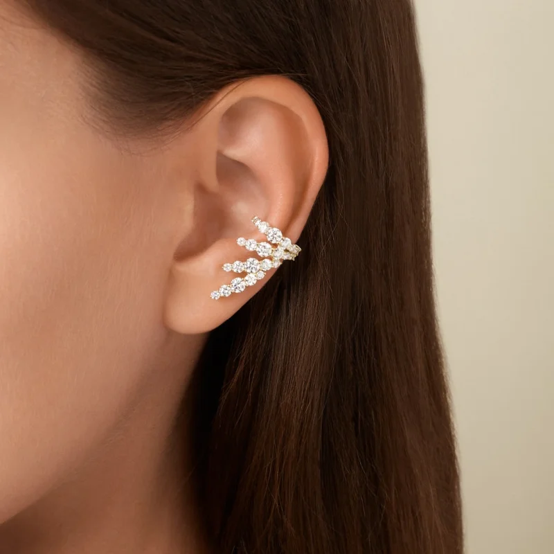 

Brass With 18K Gold Zircon Ear Cuff Earrings Women Jewelry Punk Party Gown Runway Rare Korean Japan Boho Hiphop