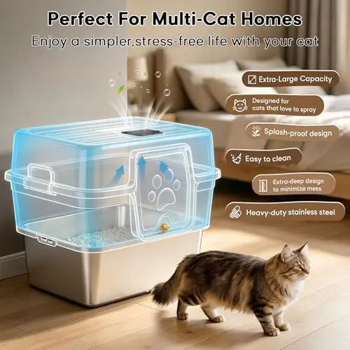 Stainless Steel Enclosed Litter Box for Large Cats, XXL Covered Cat Litter Box with Lid, Leakproof High Sided Metal Cat