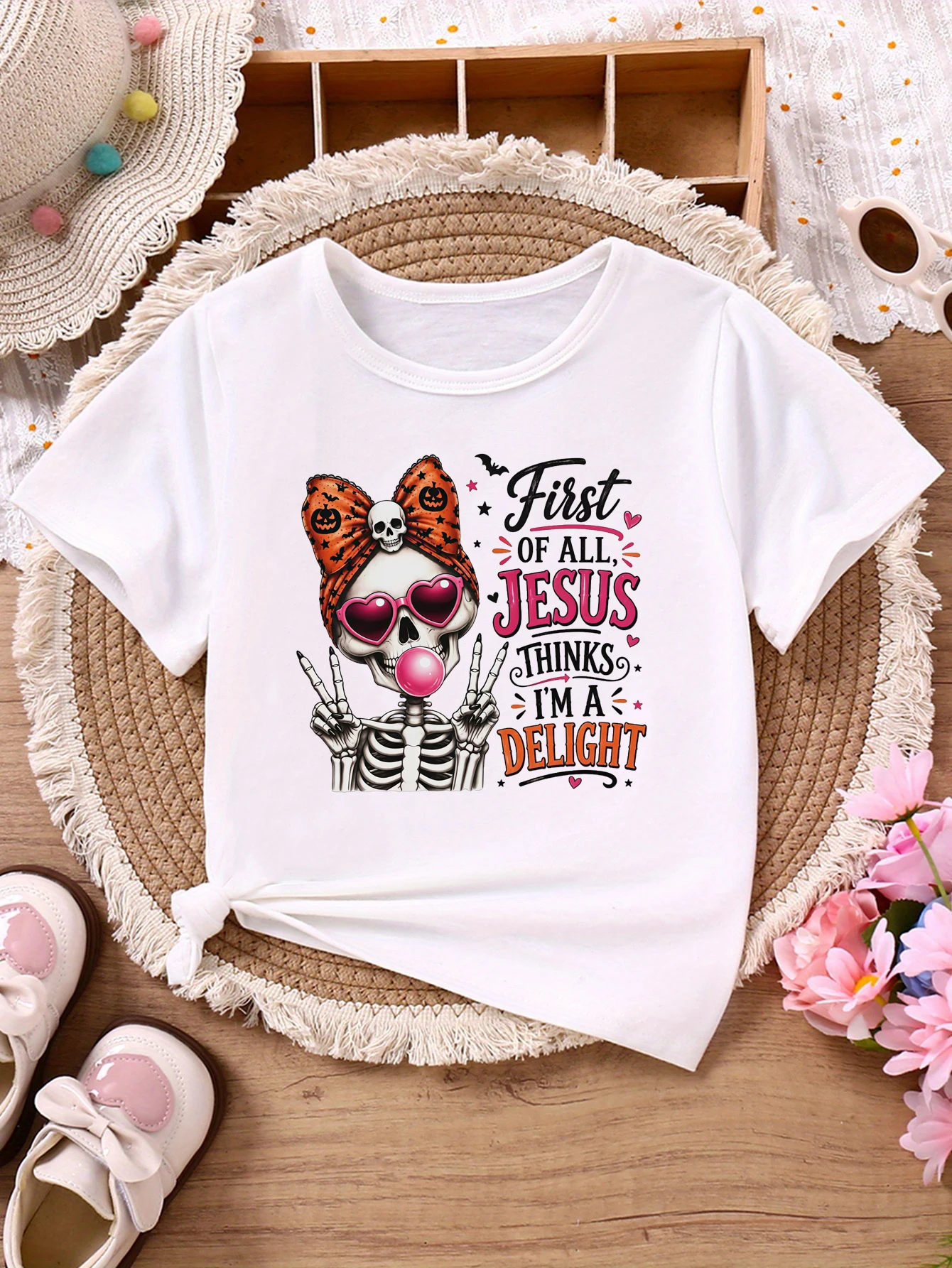 First Of All Jesus Thanks I Am A Delight Skull Bow Printed T Shirt Girls Halloween Gift T-Shirt Funny Kids Clothes