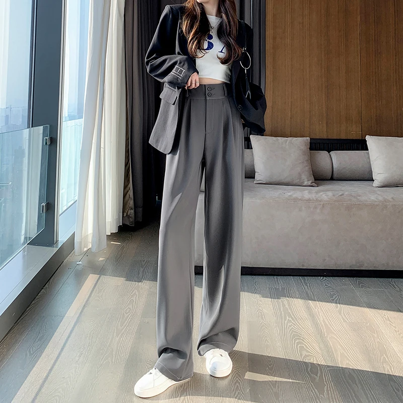 High waist slimming pear shaped figure pants straight leg floor pants double button casual suit pants