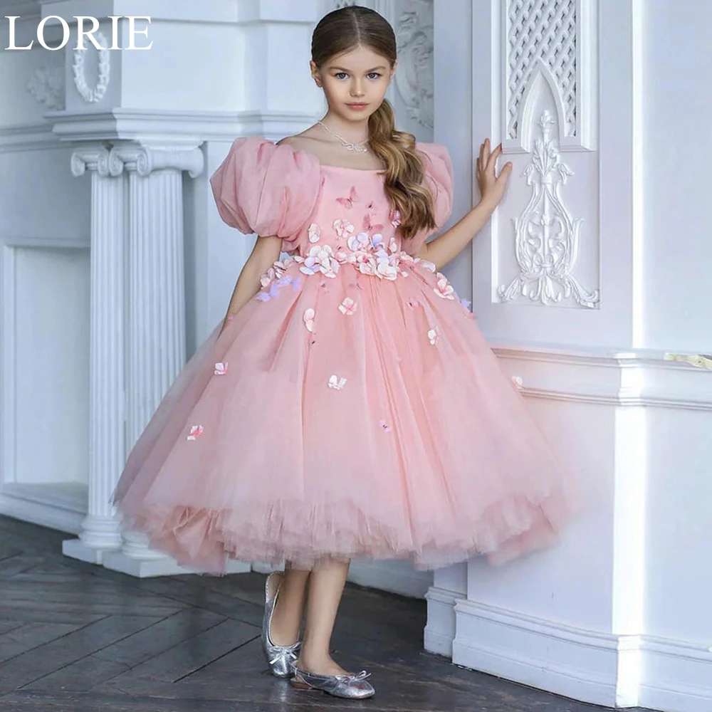 

LORIE Pink Cute Tulle Flower Girl Dresses Floral Appliques Scoop Puff Sleeve A-Line Pleated 2024 Birthday Party Dress Customized