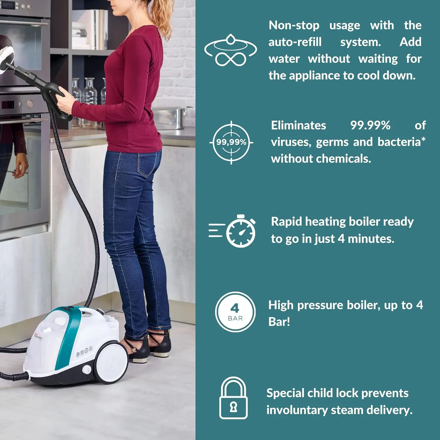 Smart 100 Steam Cleaner com tecnologia de vapor ilimitada, higienizar pisos, tapetes e superfícies, ajustável, alta