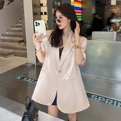 Korean Summer Satin Blazer Women Chic Casual Solid Short Sleeve Basics Coat Loose Notched One Button Female Suit Jackets Elegant