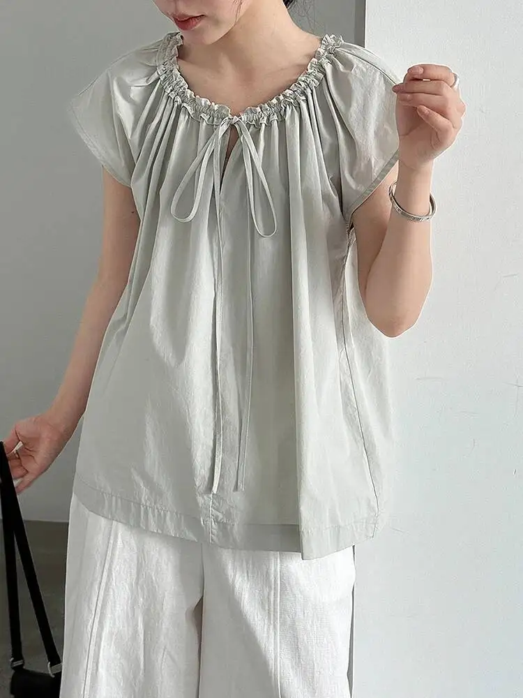Women Gray Drawstring Ruffles Big Size Blouse New Round Neck Short Sleeve Shirt Fashion Tide Spring Summer