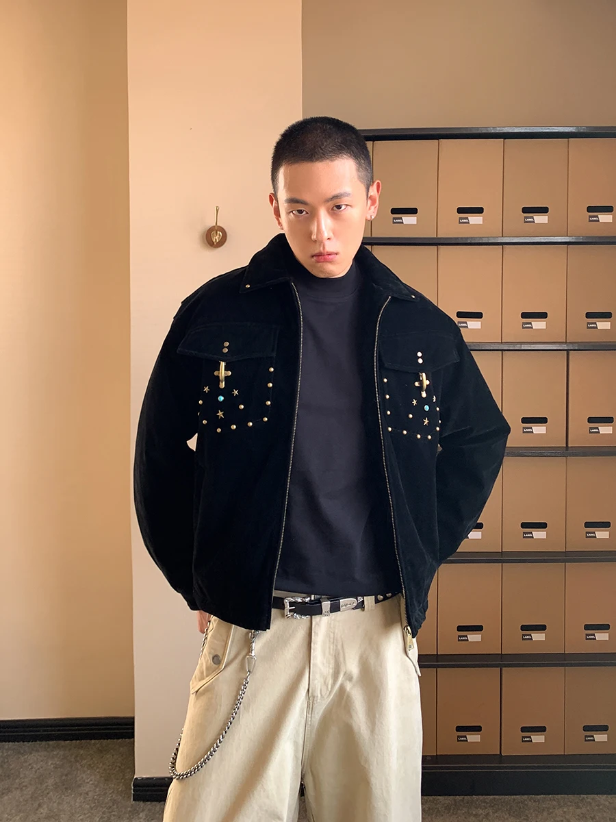 

CactDisc Men's ort Suede Jaet Rivet Warmth Faion Outerwear Stand Fit Cotton Polyester Filled Youth Trend Autumn W...