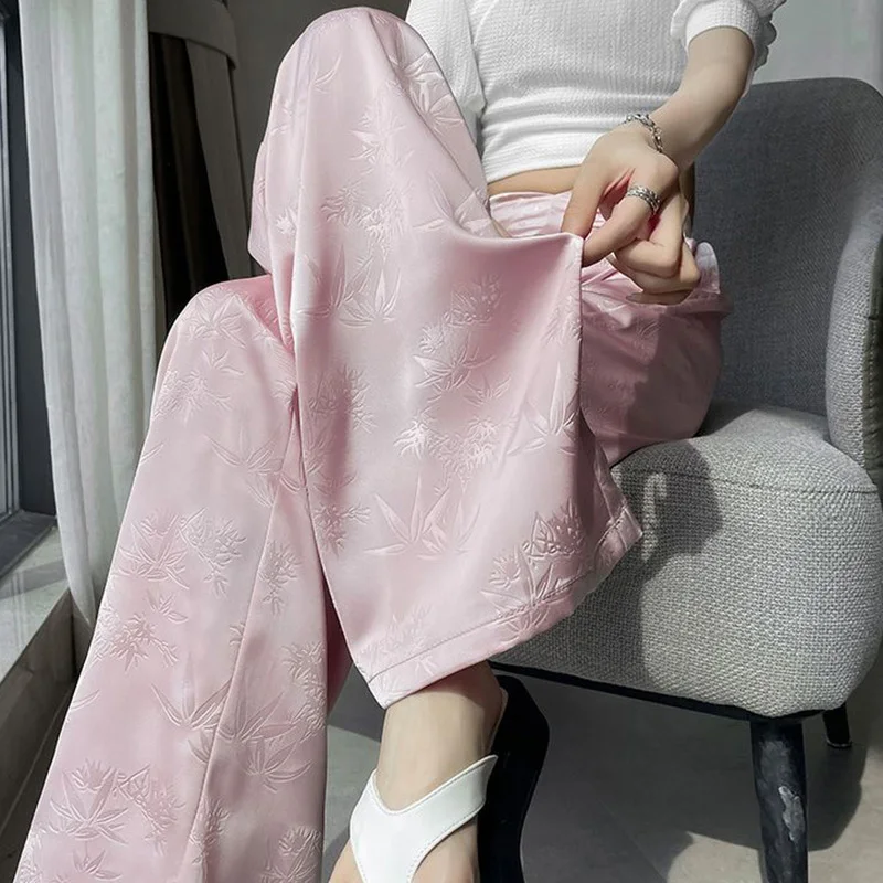 Pink Satin Embossed Wide Leg Pants Women Fashion High Waited Loose Casual Trousers Breathable Elegant Commuter Smooth Pants
