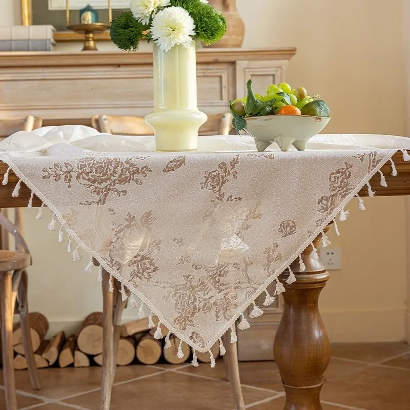 French Style Tassel Jacquard Tablecloth Polyester Lace Dining Table Cover Rectangle Mesh Tabletop Dust Protector Home Decor