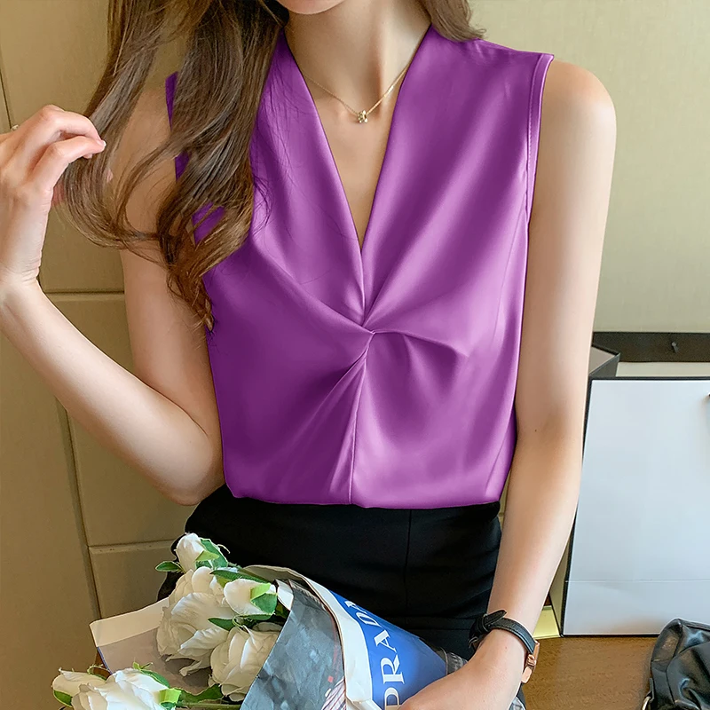 Summer Vintage Elegant Sleeveless Chiffon Shirts Fashion Solid Commute Blouse Women Clothing V-neck Simple Loose Casual Tops