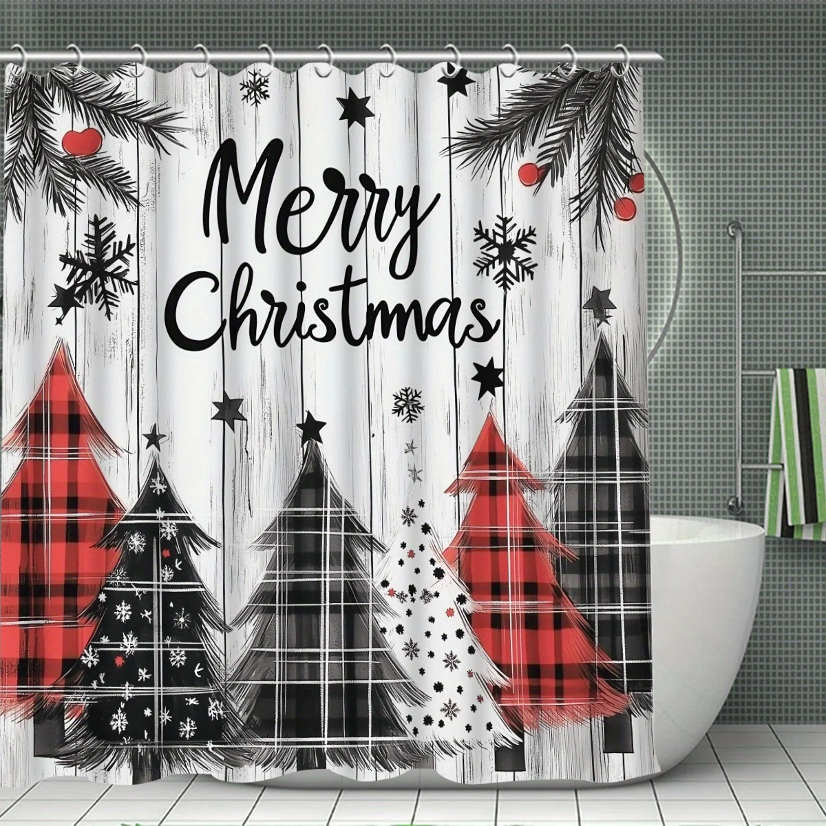 4PCS Christmas Shower Set , White Red Christmas Tree Print 12 Hooks Non-Slip Mat U-Seat Cover Holiday Decor