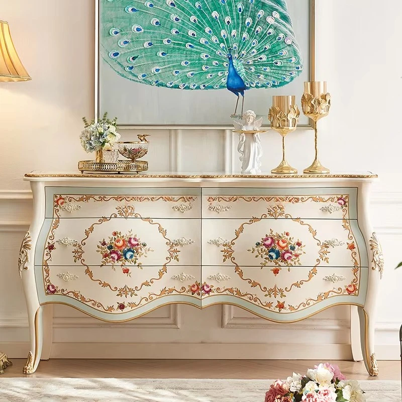 European Style Solid Wood Hand-carved Raised Panel Antique Accent Living Room & Bedroom Storage Cabinet 5+ Drawers Compartments