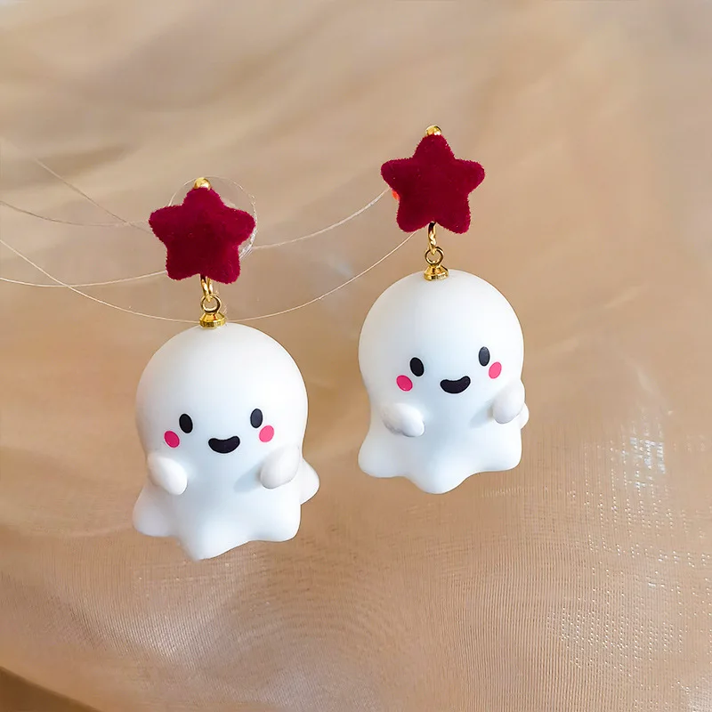 Korean Lovely Red Star Ghost Earrings for Women White Resin Ghost Drop Earring New Year Christmas Halloween Party Jewelry Gift