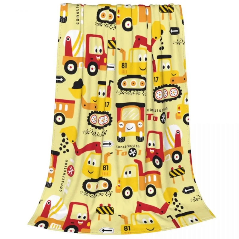 

Cartoon Truck Excavator Blankets Fleece Print Backhoe Cranes Equipment Portable Lightweight Throw Blankets Bed Car Bedspreads