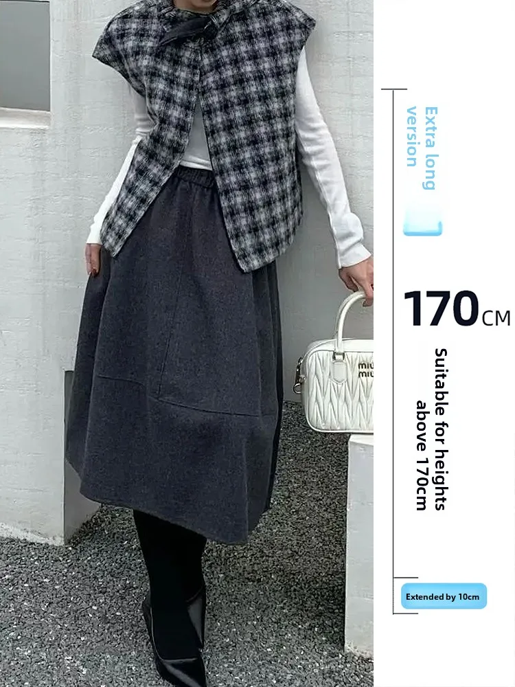 

Свободная комфортная шерстяная юбка-трапеция для женщин, осенне-зимняя, удлиненная, для фигуры типа «груша», стройнящая, с высокой талией, А-силуэт