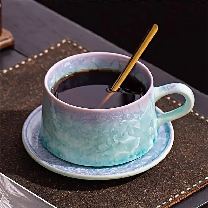 Coloful Crystallized Glaze Ceramic Tea Cup Gentle Wind Gradient Color Ceramic Tea Cup Coffee Cup with Tray Spoon Set High-end