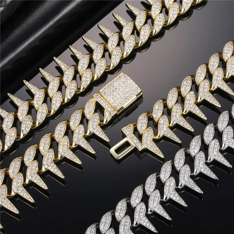 D&Z 25MM Thorn Prong Cuban Link Chain Necklace Box Buckle Iced Out Bling AAA Cubic Zricon Stones For Men Women Hip Hop Jewelry