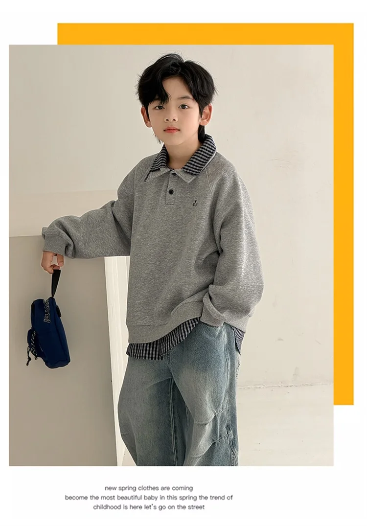 Neu eingetroffen: Modisches Langarm-Poloshirt mit doppelter Schicht für Kinder, Jungen-Hoodie mit Umlegekragen, Frühlingskleidung. – Detail 8
