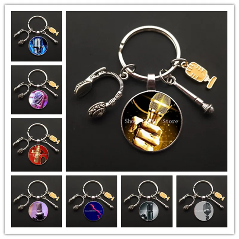 New Arrival Cute Microphone Design Music Gift Key Ring Microphone Keychain Glass Keychain Fashion Small Jewelry