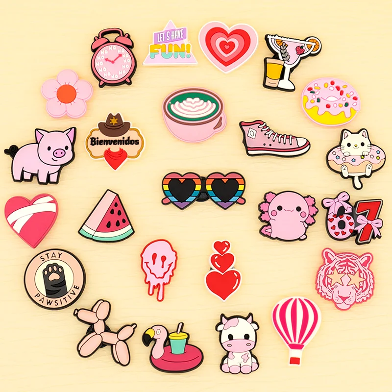 1/25pcs Pink Shoe Charms Balloon Dog Pig Salamander Shoe Decorations Flowers Heart Sandals Pins For Women Girls Clog Buckles