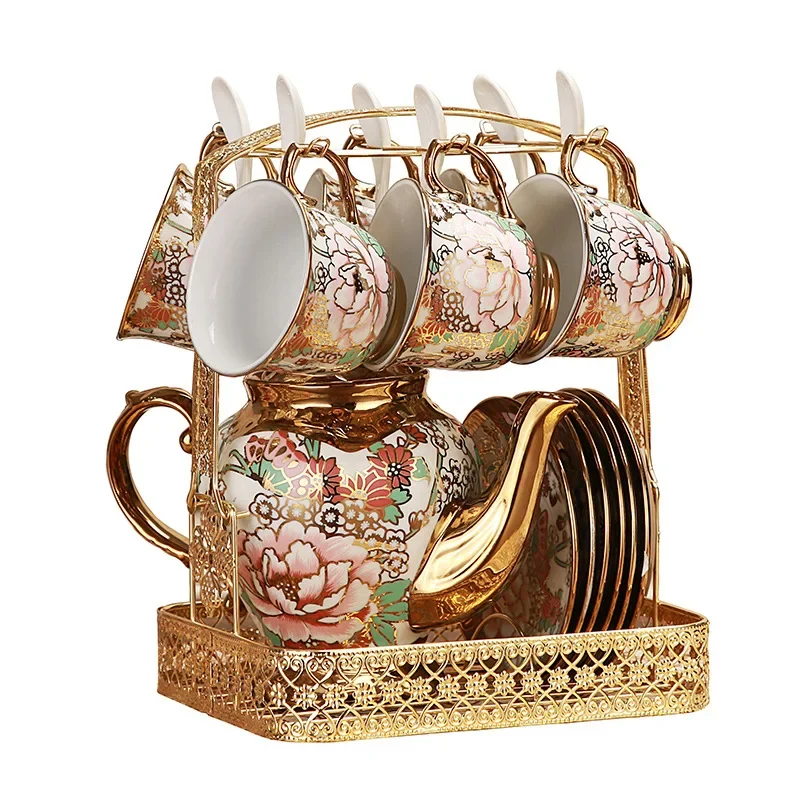 Royal Coffee Tea Set Luxury Gold Printed Ceramic Teapot with 6 Cups and Saucers European Design Style