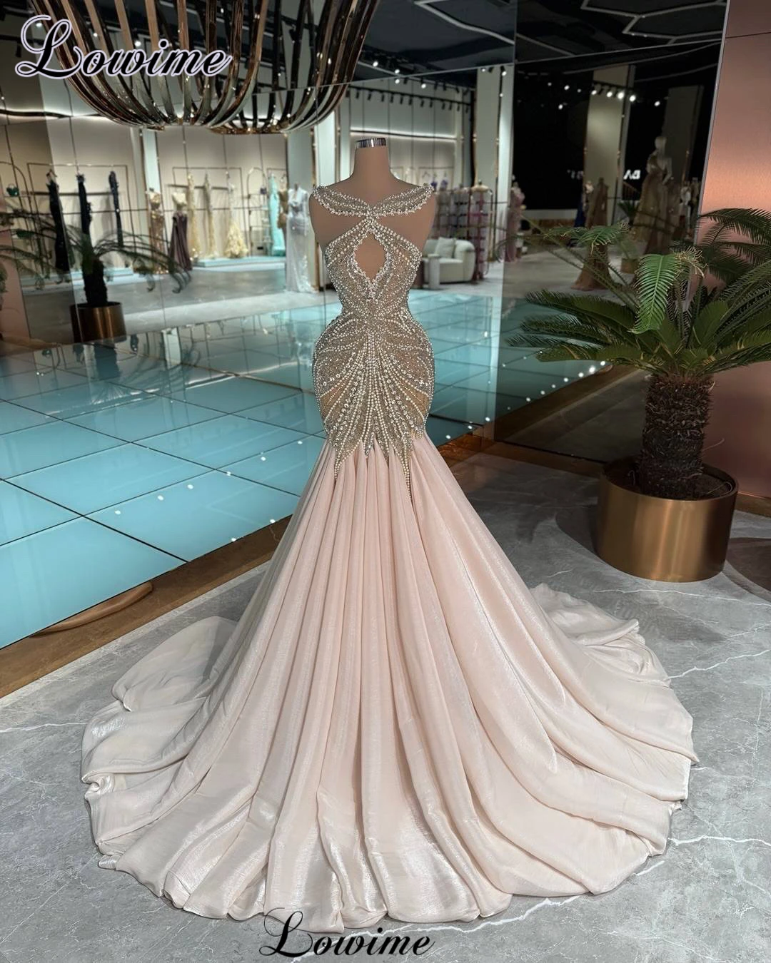 High Fashion Pearls Celebrity Dresses Mermaid Beaded Evening Dresses Luxury Sleeveless Prom Dresses Vestidos De Gala Customized