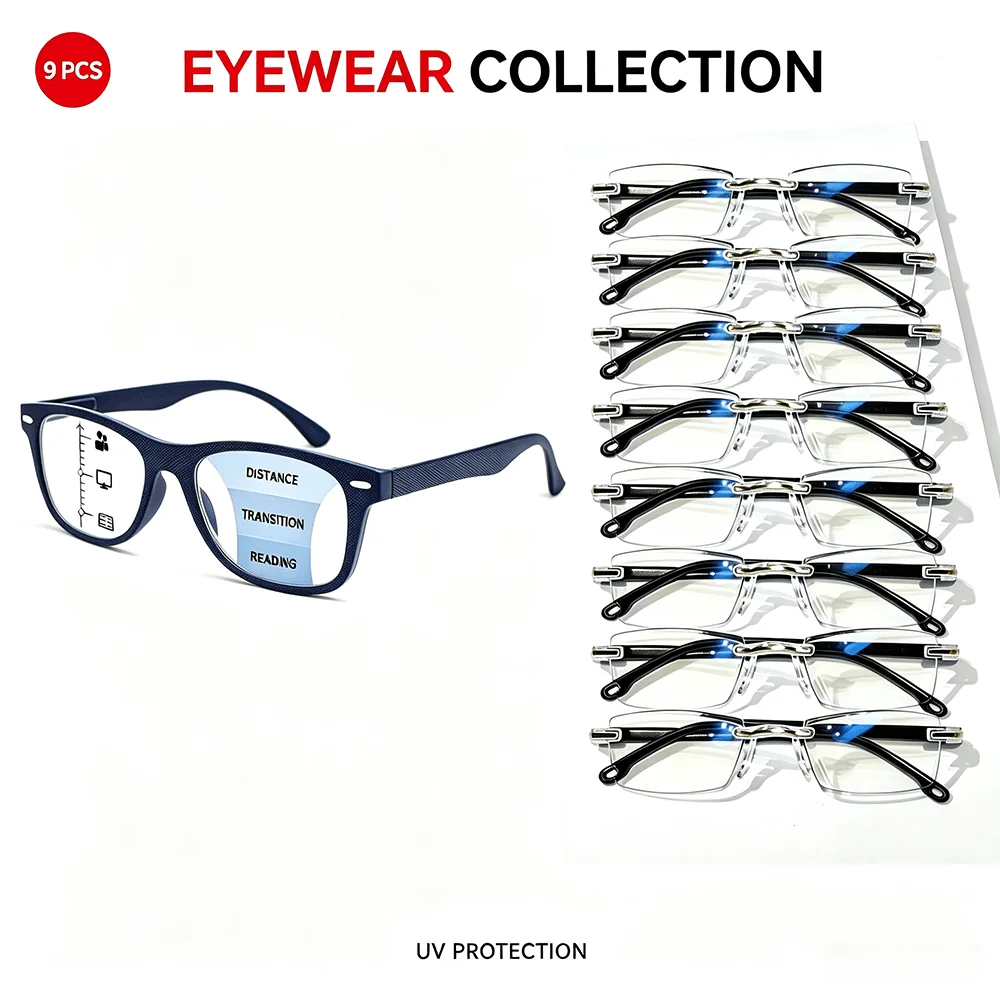 9-piece progressive reading glasses, ultra-thin metal hinged half-frame glasses in a variety of colors, recommended Christmas and Halloween gifts, random colors