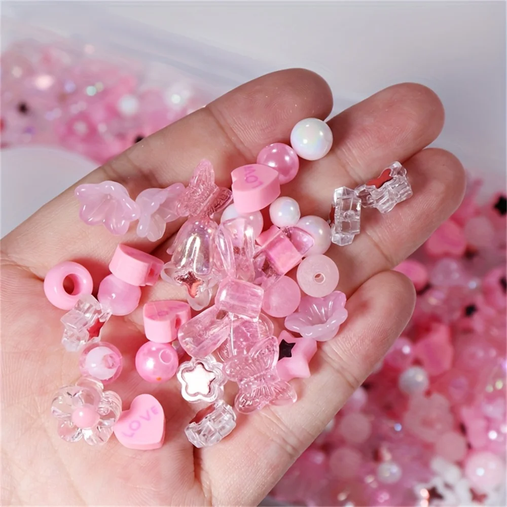 300pcs acrylic pink pentagram beads, large hole round beads, plum blossom beads, butterfly beads, 6-12mm DIY bracelet series rin