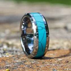 8mm Vintage Jewelry Accessories Fashion Ring Inlay Turquoise Men Wedding Band Wedding Engagement Men Rings
