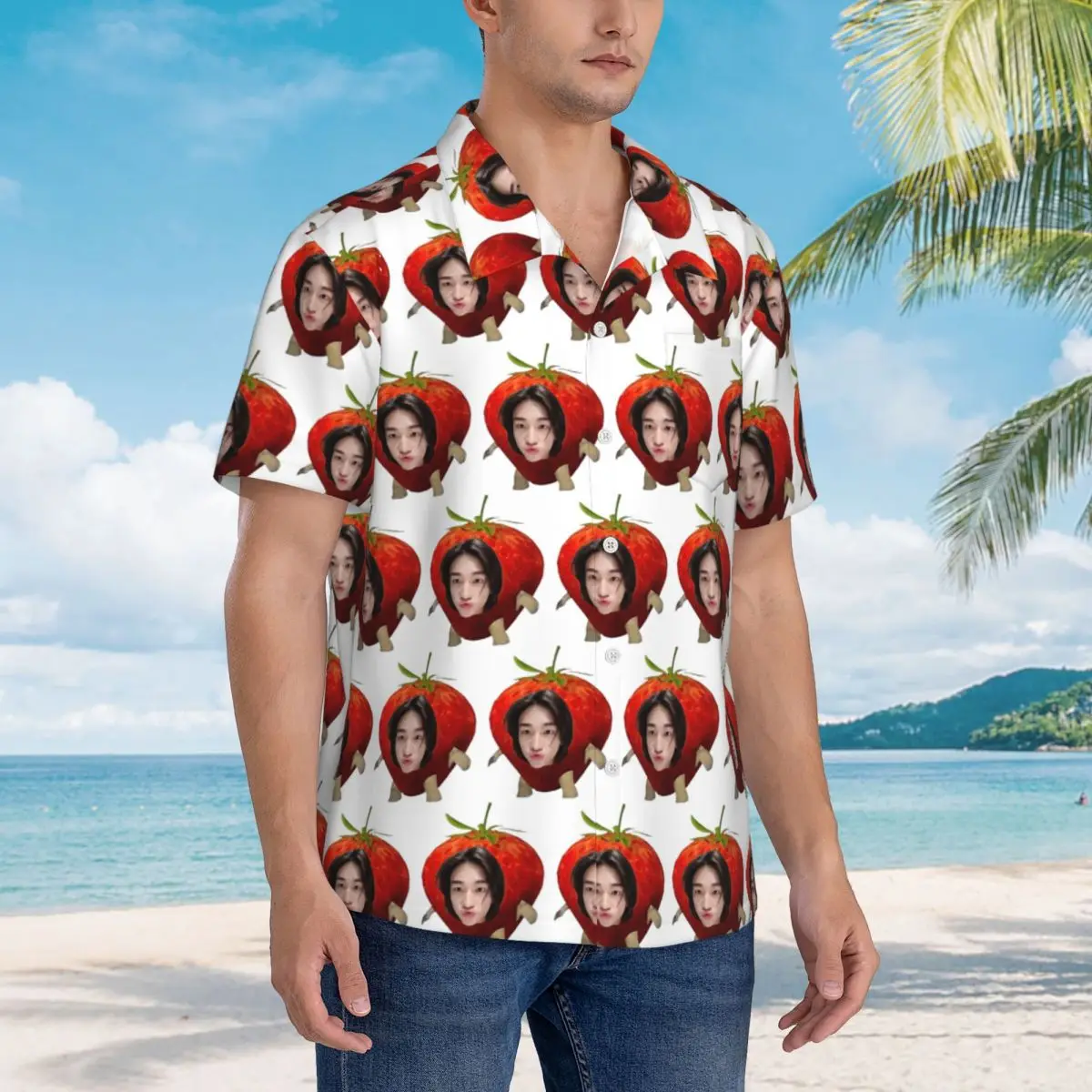 

Hyunjin Strawberry Hawaiian Shirts Funny Men Short Sleeve Shirt for Summer Beach Men's Button Tops