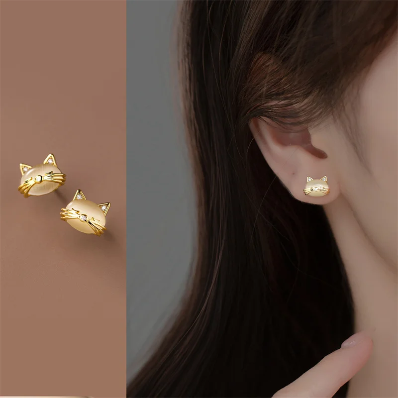 Fashion Crystal Opal Cute Cat Stud Earrings For Women Girls Handmade Party Wedding Fashion Jewelry Gifts eh065