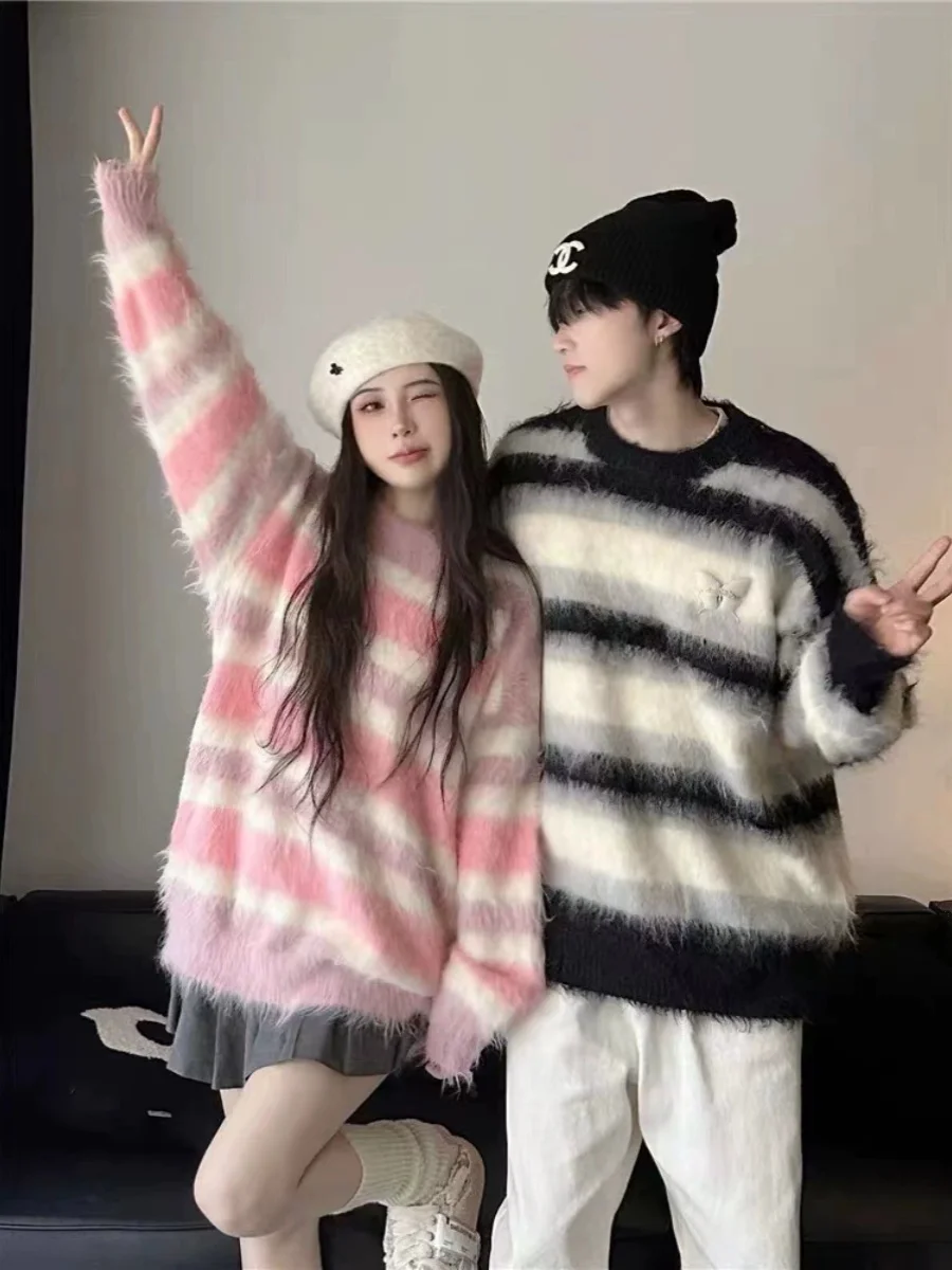 

Autumn Winter Loose Couple Knitted Sweater round Ne Stripe Color Blo Camere Men's Women's Faionable Casual Outerwear