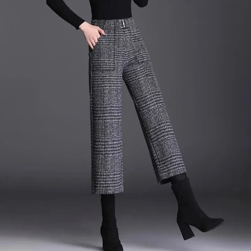 Autumn Winter Women Plus Velvet Woolen Capris Pants Plaid Pockets New Fashion Office Lady Elastic High Waist Wide Leg Trousers