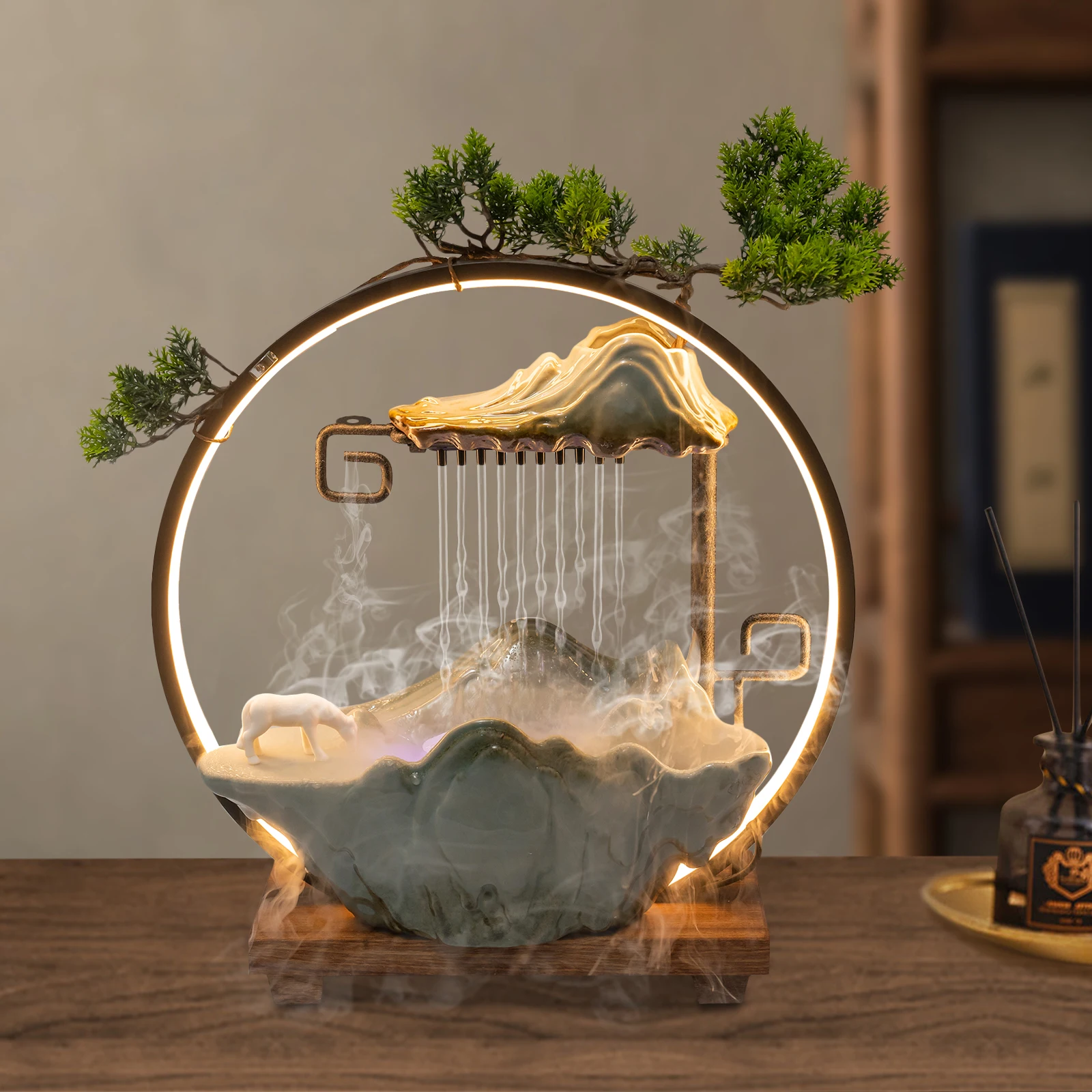 

Tabletop Water Fountain Green Ceramic Wood Glaze Firing LED Tabletop Indoor Decor 7 Atomizer Colors