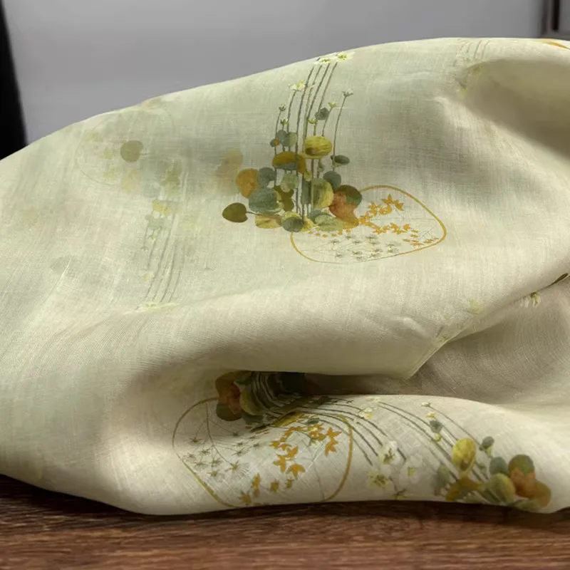 

1yard High quality New Style ramie fabric flower Painting telas Fashion Gown Dress fabrics for clothing
