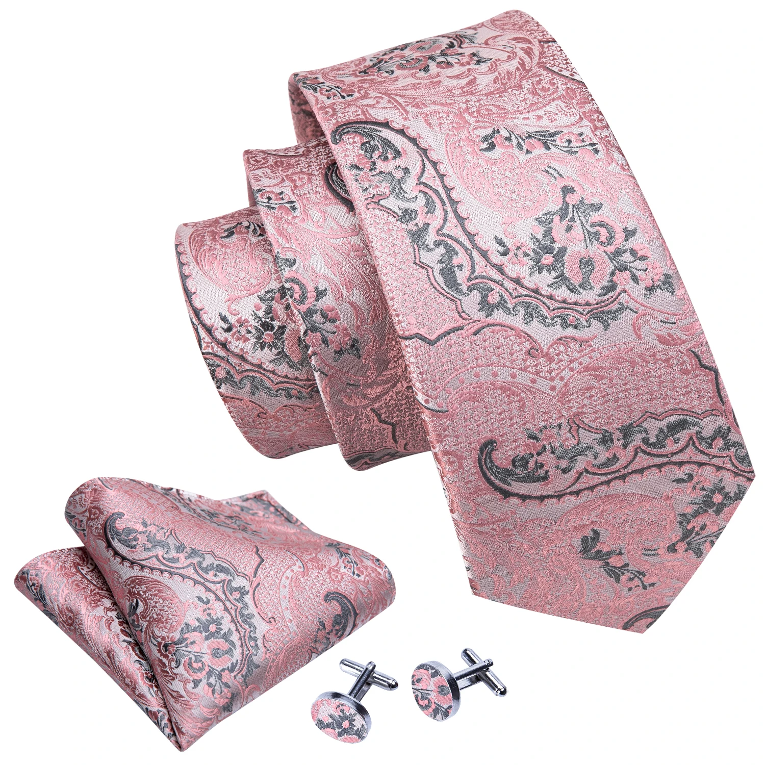Mixed Pink Men Necktie Set Jacqurad Tie Handkerchief Cufflinks Business Wedding Suit Accessories Rose Salmon Coral Peach Magenta