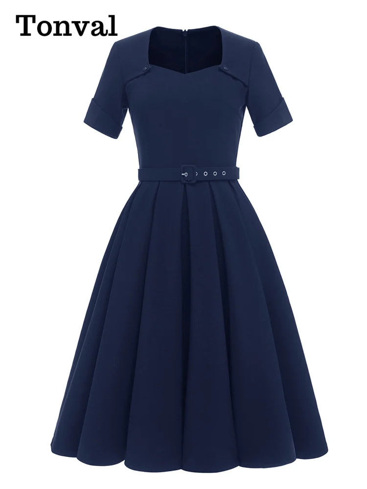 Tonval Square Neck Short Sleeve Solid Plain Vintage Pleated Dress Summer Elegant Women 2022 Belted Midi Length Retro Clothes