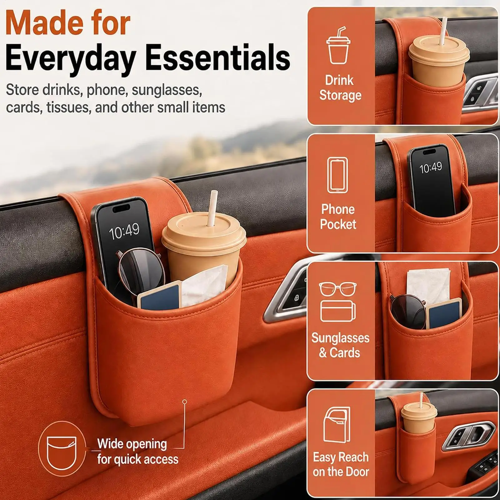 PU Leather Car Door Cup Holder Multifunctional Adhesive Storage Pocket Auto Door Mount Drink Bottle Holder Phone Storage Bag