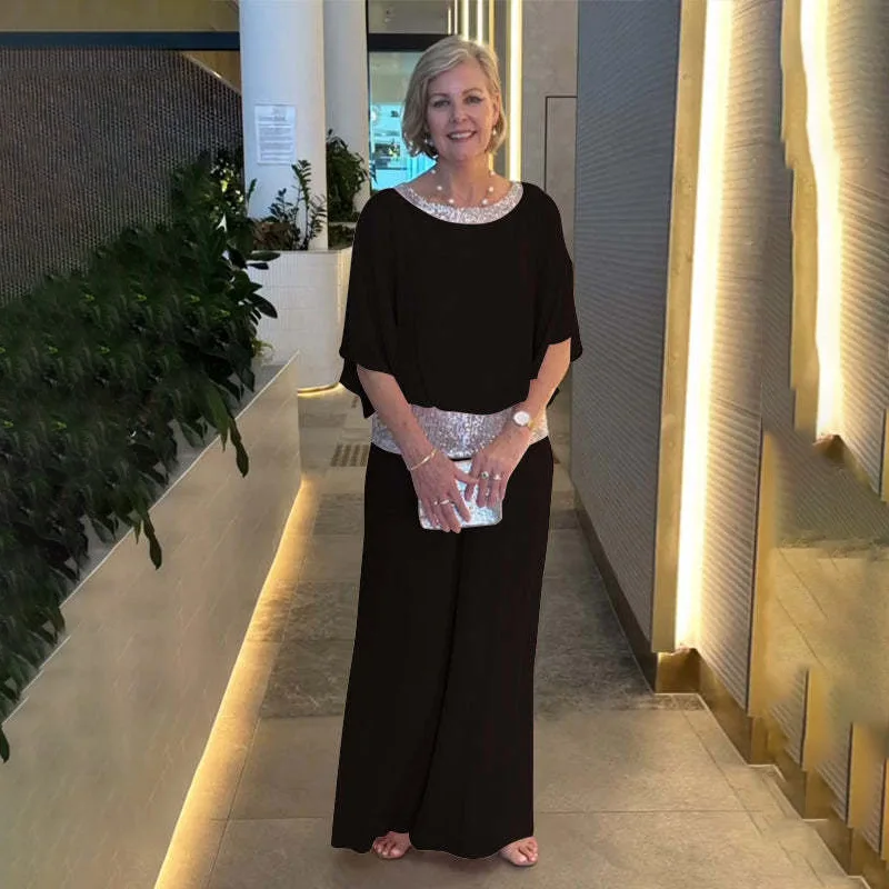 طقم سراويل نسائية لامعة irt وبنطال ذو قصة أرجل واسعة قابلة للتخصيص، مجموعة مطرزة بالترتر لـ Ocns الخاصة