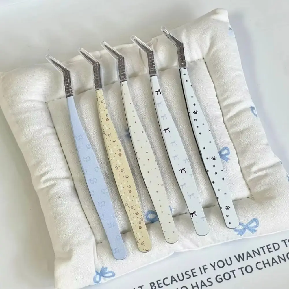 Stainless Steel Curved Stickers Tweezers Anti-static High Precision False Eyelash Tweezers Cartoon Bean Tweezers