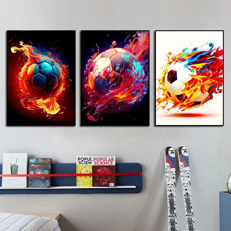 Soccer Colorful Wall Art Canvas Painting Posters Prints Abstract Football Ball on Fire Room Decor Picture Modern Home Decoration