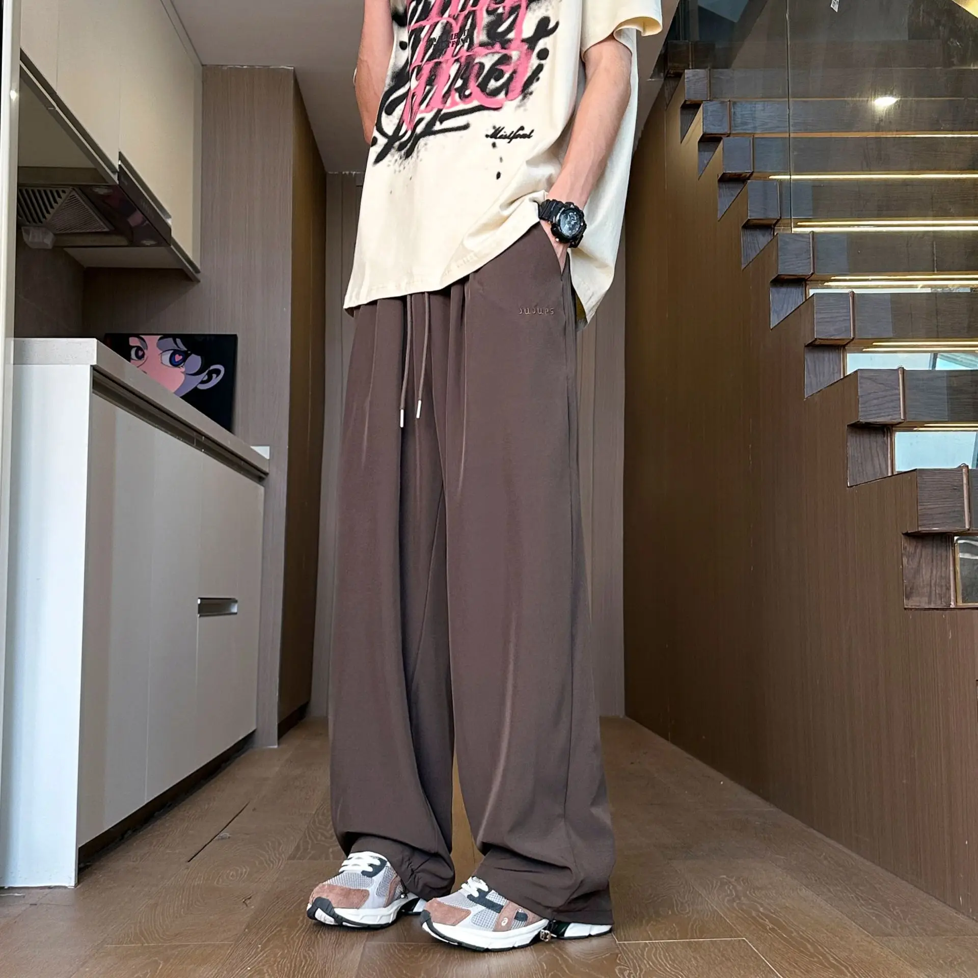 2025 Summer Spot Hot Ice Silk Quick-drying Pants Solid Color Embroidery Draped Breathable Cool Straight Men's