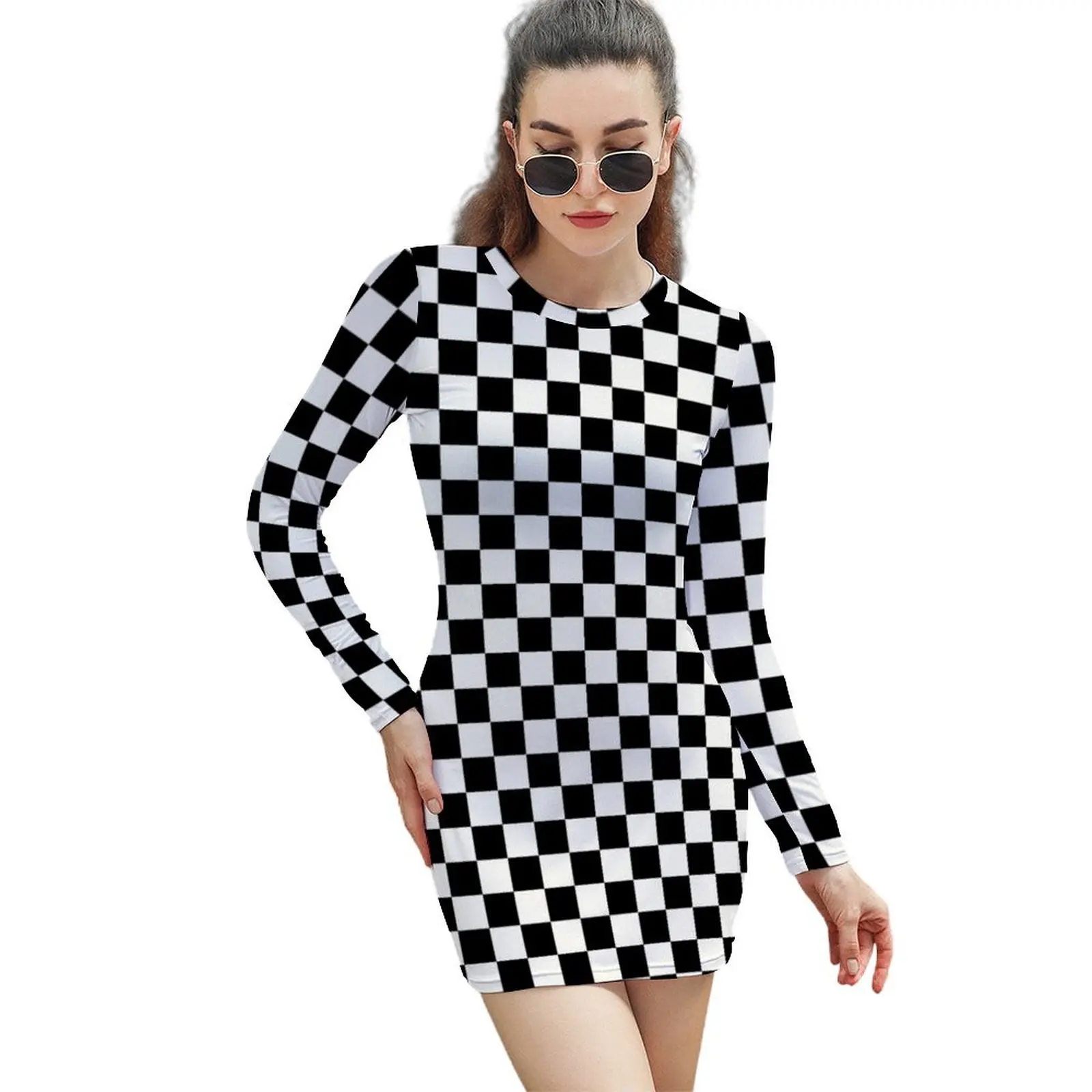 

Black and White Checkerboard Long-Sleeved Sheath Dress summer dress woman 2024 trendy elegant dresses for women Women's skirt