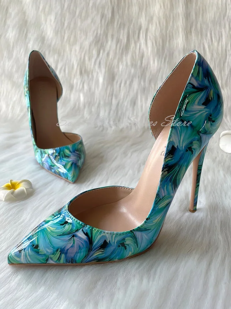 

Blue Printed Patent Leather Dress Shoes Mixed Colors Vintage Pointed Toe Women's Pumps Elegant Stiletto Gradient Summer Sandals