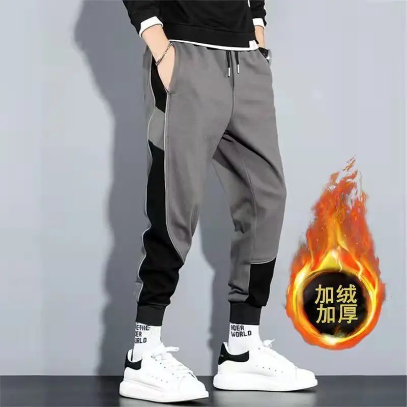 

Autumn Winter Oversized Elastic Waist Patchwork Loose Casual Pants Male Thick Warm Add Velvet Sweatpants Men Fashion Trousers