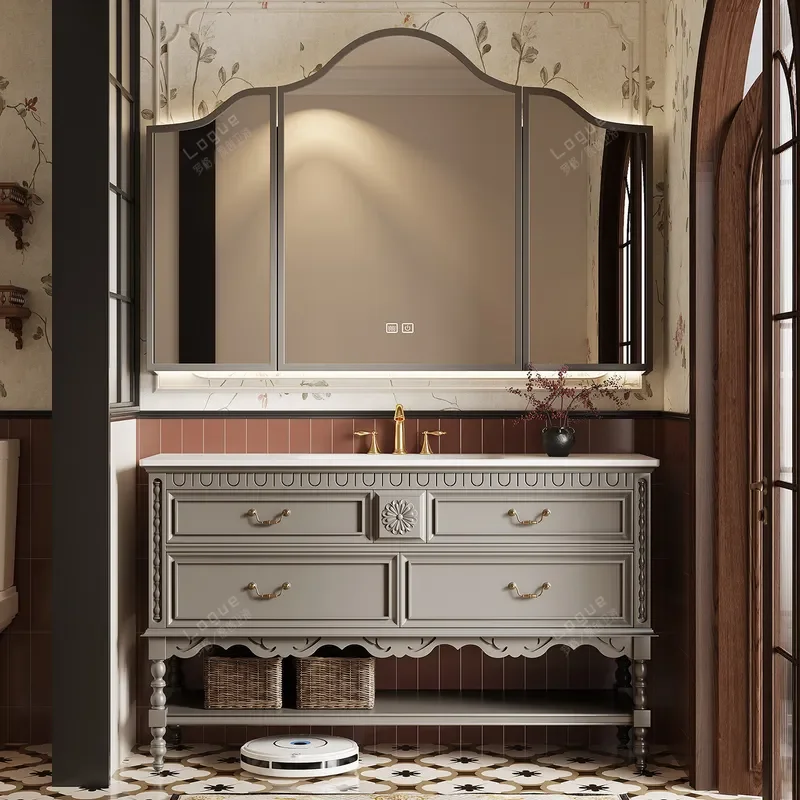 for Oak Floor to Ceiling Retro French Bathroom Cabinet Combination Washstand Wash Basin Luxury Stone Vanity Unit
