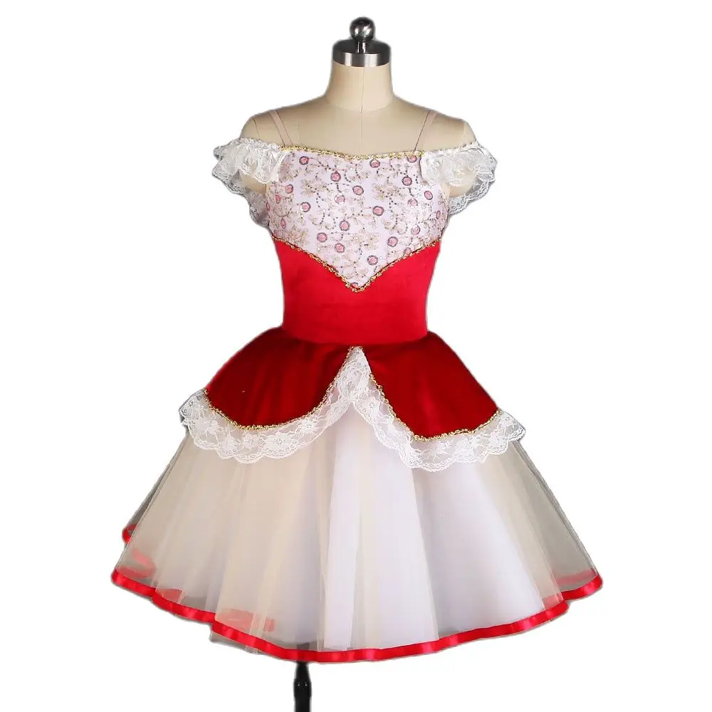 

21019 Girls Ballerina Costume Off-Shoulder Long Ballet Dance Tutus Red Velvet Bodice Romantic Tutu Skirt